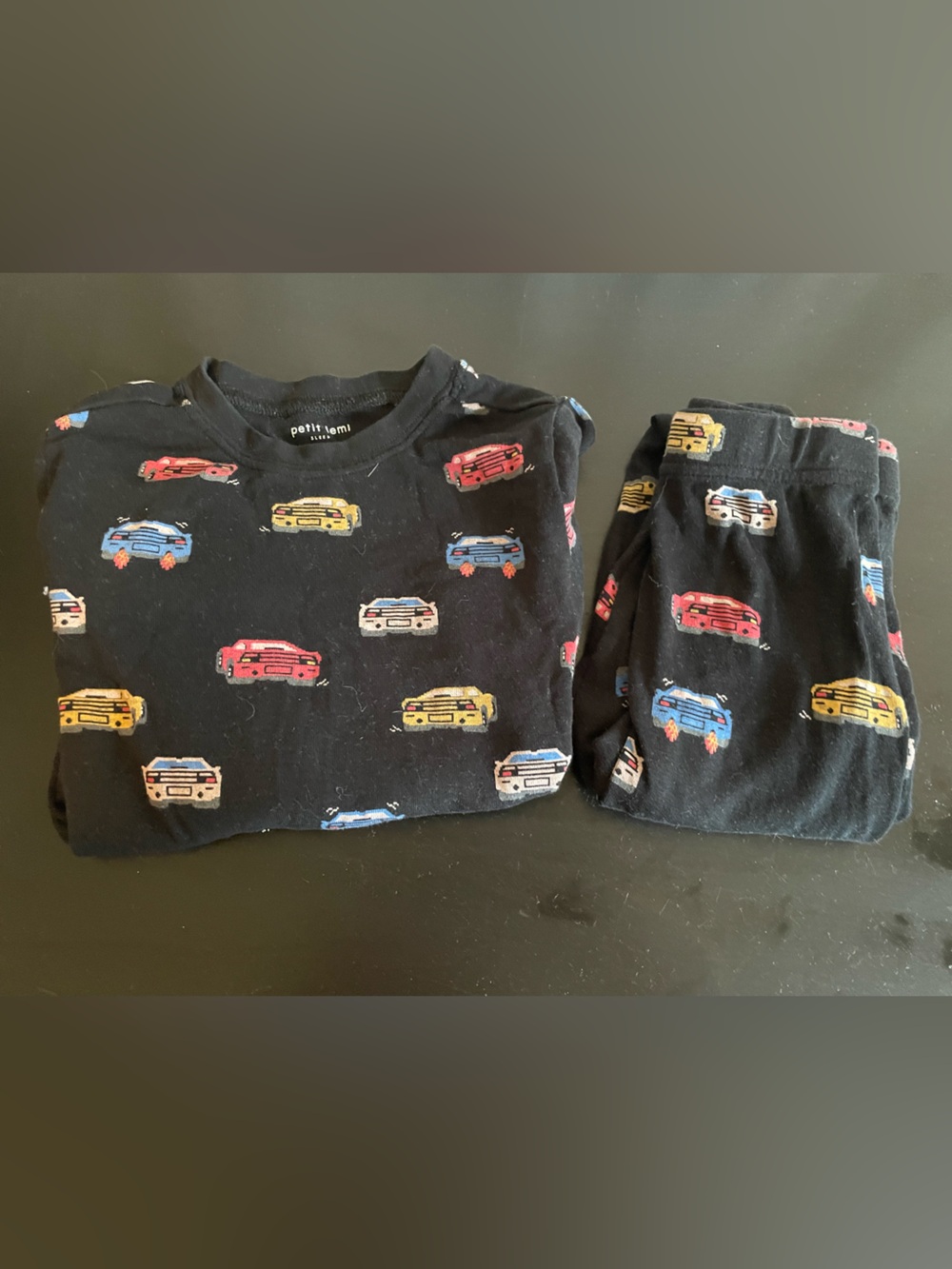 Petit Lem Black Kids Pajama Set with Red, Blue, Yellow Car Print